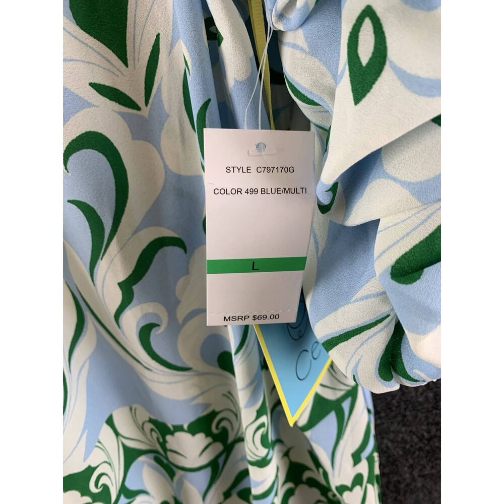 CeCe Ruffle Sleeve Blouse L Damask Blue Green Off Shoulder Smocked Waist Top New - Picture 6 of 10